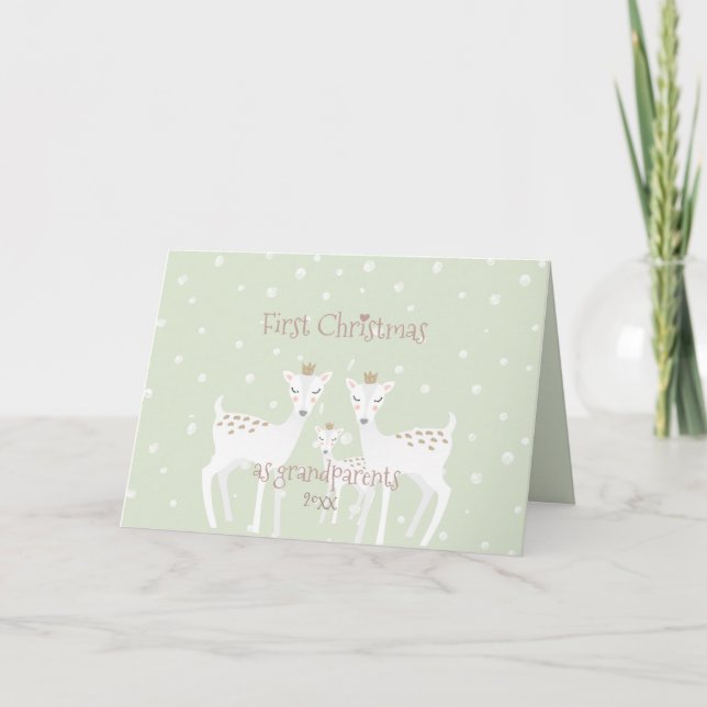 First Christmas as Grandparents - Cute Deer Green Holiday Card (Front)