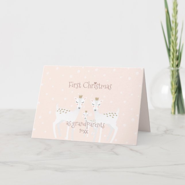 First Christmas as Grandparents - Cute Deer Pink Holiday Card (Front)