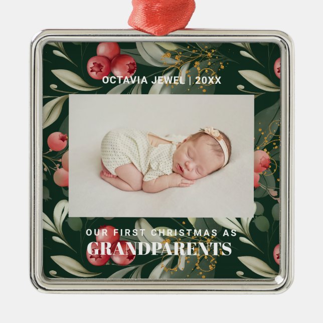 First Christmas as Grandparents Flowers Berries  Metal Tree Decoration (Front)