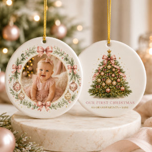 First Christmas as Grandparents Girl Bow Photo Ceramic Tree Decoration