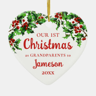 First Christmas as Grandparents Holly Heart Ceramic Tree Decoration