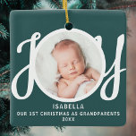 First Christmas As Grandparents Photo Green Ceramic Ornament<br><div class="desc">This keepsake First Christmas As Grandparents photo ornament is decorated with the word JOY in stylish white script typography on a green background. Easily customisable.</div>