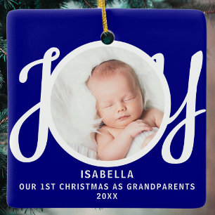 First Christmas As Grandparents Photo Joy Blue Ceramic Ornament
