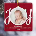 First Christmas As Grandparents Photo Red Keepsake Ceramic Ornament<br><div class="desc">This keepsake First Christmas As Grandparents photo ornament is decorated with the word JOY in stylish script typography on a red background. Easily customisable.</div>