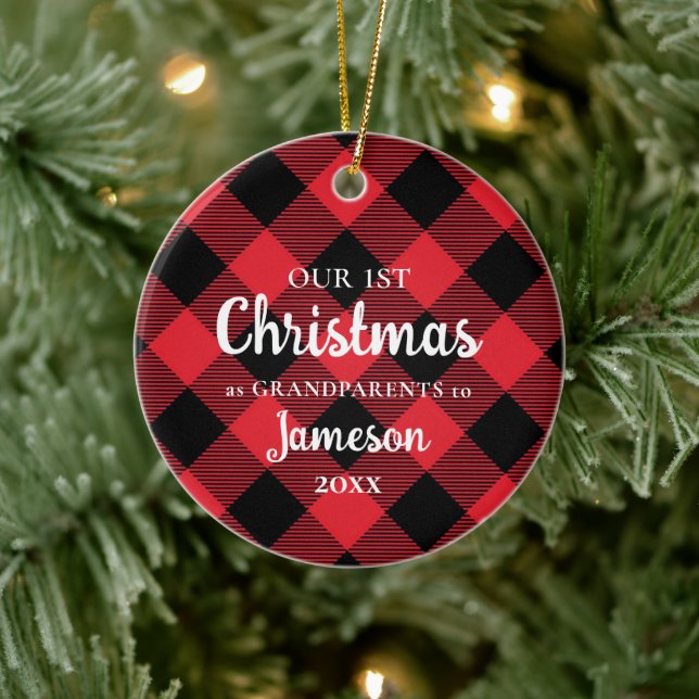 First Christmas as Grandparents Plaid Photo Ceramic Tree Decoration (Tree)
