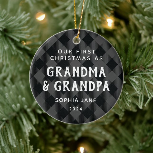 First Christmas As Grandparents Plaid Rustic Photo Ceramic Tree Decoration (Tree)