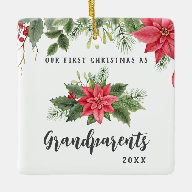 First Christmas As Grandparents Poinsettia Photo Ceramic Ornament (Front)
