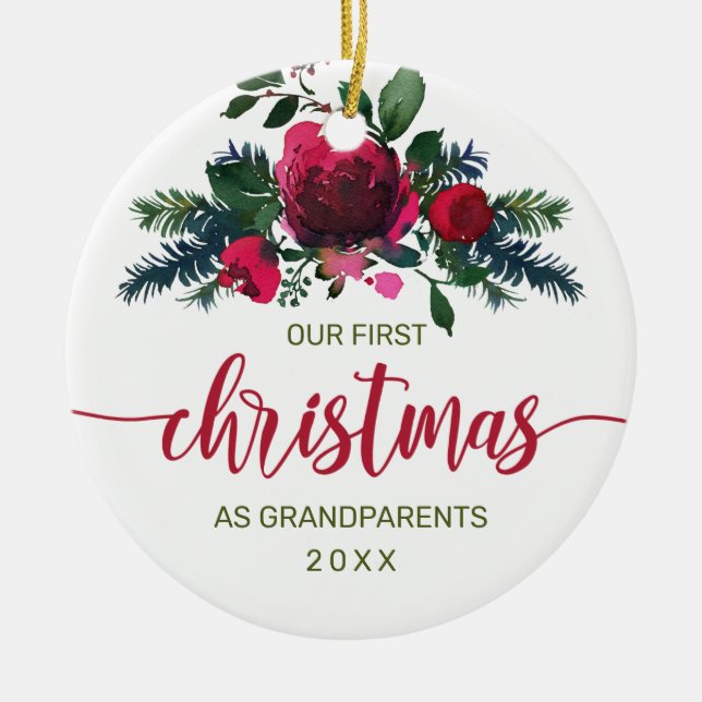 First Christmas as Grandparents Red Floral Photo Ceramic Tree Decoration (Front)