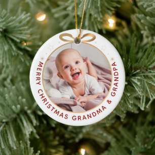 First Christmas as Grandparents Red Gold Photo Ceramic Tree Decoration