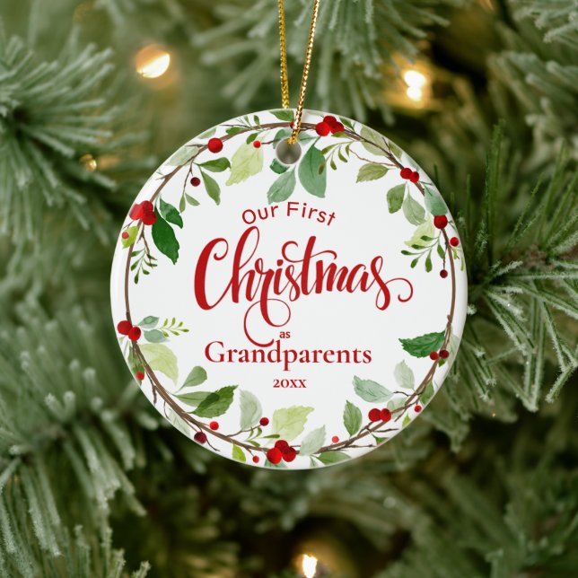 First Christmas as Grandparents Red Holly  Ceramic Tree Decoration (Tree)
