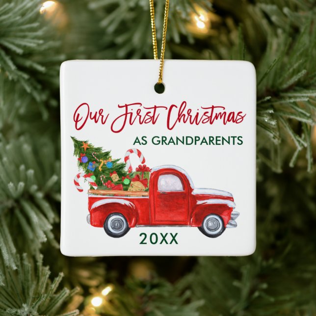 First Christmas as Grandparents Truck Red Green Ceramic Ornament (Tree)