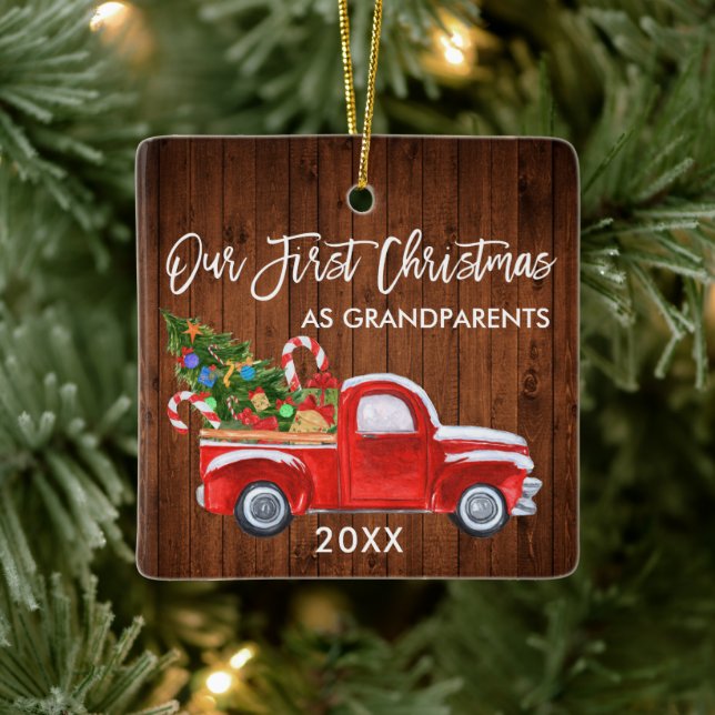 First Christmas as Grandparents Wood Truck Tree Ceramic Ornament (Tree)