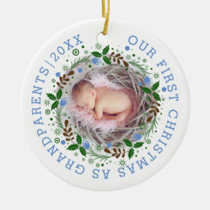 First Christmas as grandparents wreath blue photo Ceramic Tree Decoration