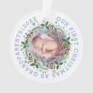 First Christmas as grandparents wreath blue  photo Ornament