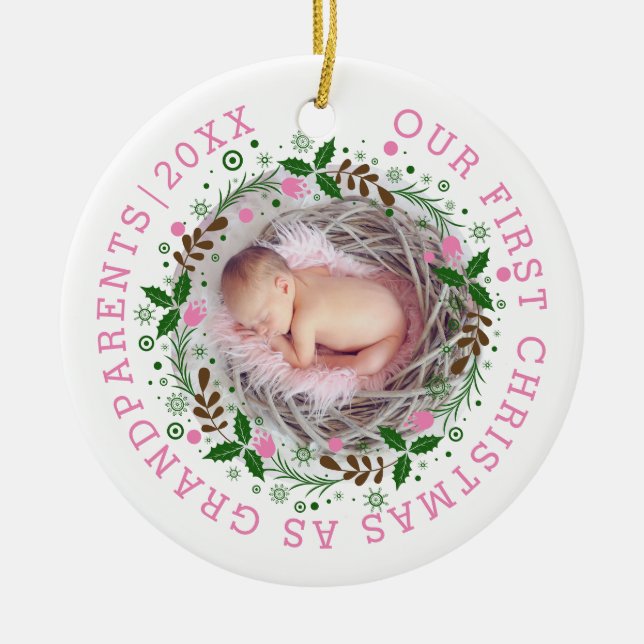 First Christmas as grandparents wreath pink photo Ceramic Tree Decoration (Front)