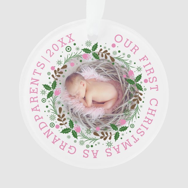 First Christmas as grandparents wreath pink photo Ornament (Front)