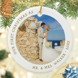 First Christmas as Married Mr and Mrs Photo Modern Ceramic Tree Decoration