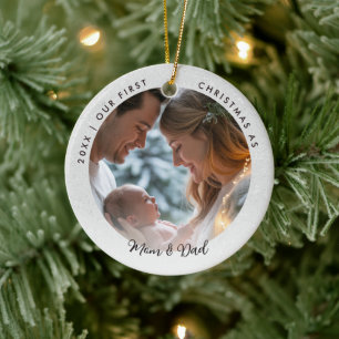 First Christmas as Mom Dad Wonderland Baby Photo Ceramic Tree Decoration