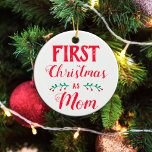 First Christmas as Mom white with photo Ceramic Tree Decoration<br><div class="desc">This Christmas tree ornament is perfect to celebrate your first Christmas as a Mom. It says "First Christmas as Mom" in a modern red font on a white background. The other side features a customizable picture of the baby, with name and date of birth. For further customization or other matching...</div>
