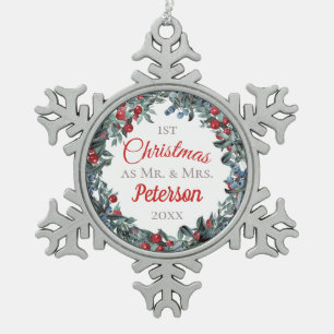 First Christmas as Mr and Mrs Berries Wreath Snowflake Pewter Christmas Ornament