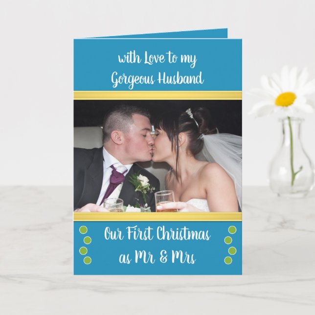 First Christmas as Mr and Mrs blue and green photo Card (Small Plant)