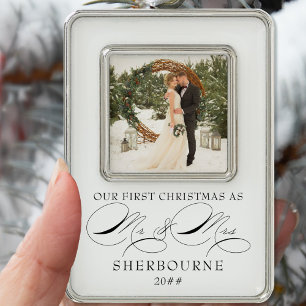 First Christmas as Mr and Mrs Calligraphy Photo Silver Plated Framed Ornament