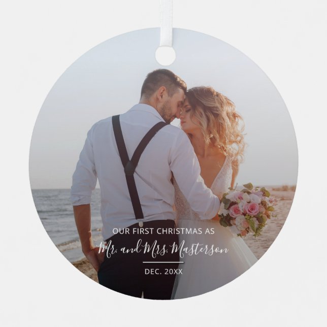 First Christmas as Mr and Mrs Couples Photo Metal Tree Decoration (Front)