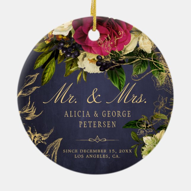 First Christmas as Mr and Mrs elegant newlyweds Ceramic Tree Decoration (Back)