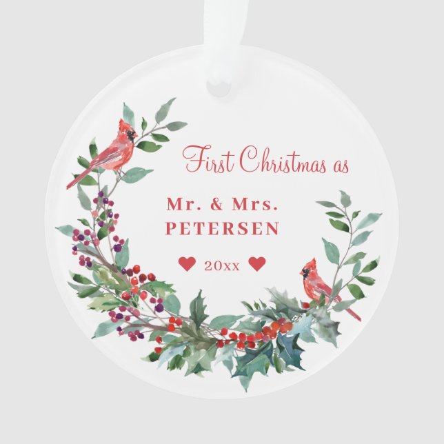 First Christmas as Mr and Mrs floral elegant photo Ornament (Front)