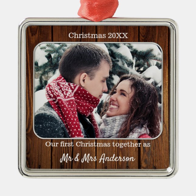 First Christmas as Mr and Mrs Holiday Photo Metal Tree Decoration (Front)