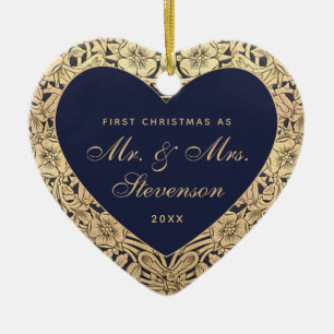 First Christmas As Mr and Mrs Navy Blue Gold Roses Ceramic Tree Decoration