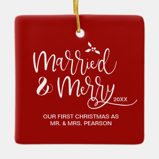 First Christmas as Mr.and Mrs Newlywed Photo Red Ceramic Ornament (Front)