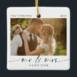 First Christmas as Mr and Mrs Newlyweds Keepsake  Ceramic Ornament<br><div class="desc">Introducing the perfect Christmas ornament for the new Mr. and Mrs.! This customisable ornament is the perfect way to celebrate your first Christmas together as a married couple. With a minimalist modern design and handwritten calligraphy, this ornament will look stunning on your tree. The best part? You get to customise...</div>