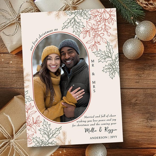 First Christmas as Mr and Mrs Oval Photo Holiday Card (First Christmas as Mr & Mrs Christmas Photo Card by Darling & May)