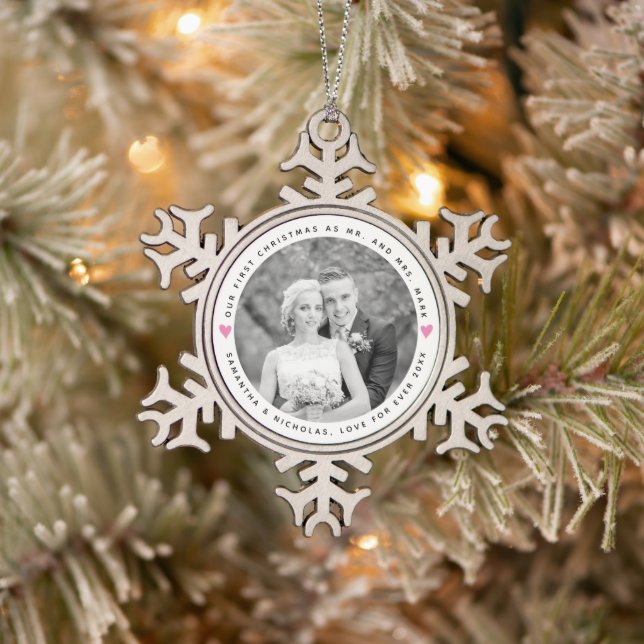 First Christmas as Mr and Mrs pink hearts photo Snowflake Pewter Christmas Ornament (Tree)