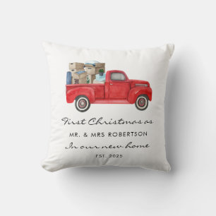 First Christmas As Mr and Mrs Red Truck New Home Cushion