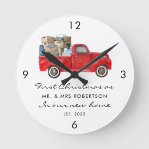First Christmas As Mr and Mrs Red Truck New Home Round Clock
