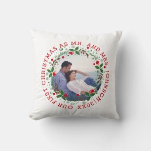First Christmas as Mr and Mrs red wreath photo Cushion