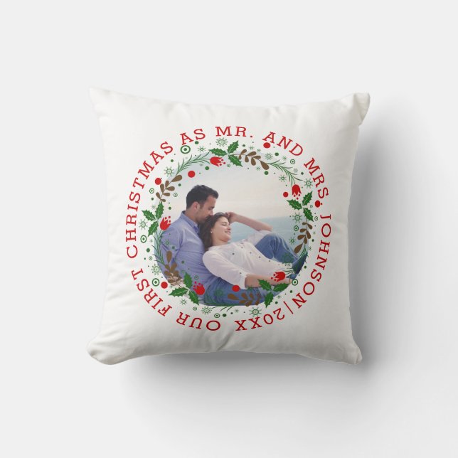 First Christmas as Mr and Mrs red wreath photo Cushion (Front)