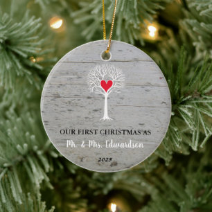 First Christmas as Mr and Mrs rustic love tree Ceramic Tree Decoration