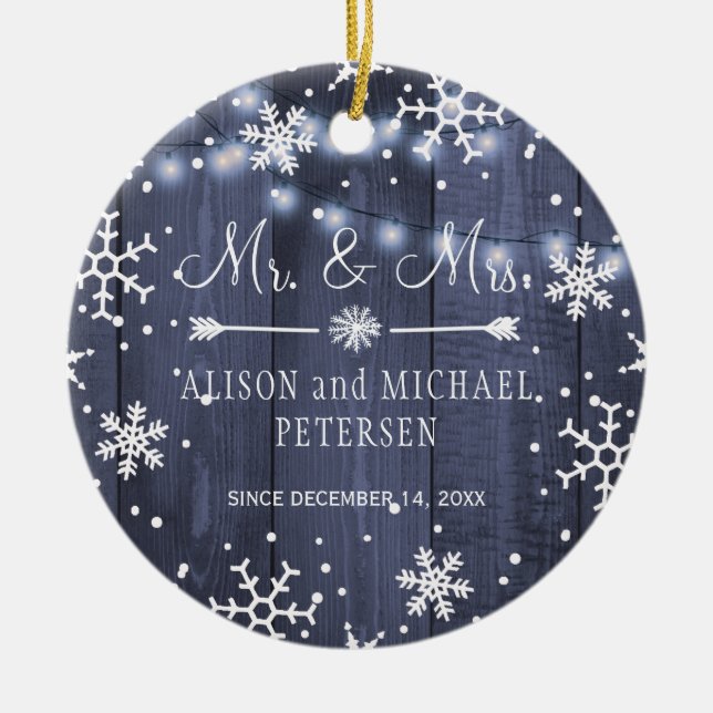 First Christmas as Mr and Mrs rustic winter Ceramic Tree Decoration (Front)