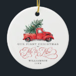 First Christmas as Mr and Mrs / Vintage Red Truck Ceramic Tree Decoration<br><div class="desc">This vintage inspired Christmas ornament features gorgeous watercolor illustration of a red truck carrying a pine tree. The text fields are fully editable except for the word "Christmas". Simply remove this word by clicking the delete button and add your own text if you require a different word.</div>