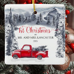 First Christmas as Mr. and Mrs. Vintage Truck Ceramic Ornament<br><div class="desc">First Christmas as Mr. and Mrs. holiday ornament to treasure for years to come! Rustic mountain and forest scenery with vintage red truck with Christmas trees. Use of hand written Script typography. Ability to change 1st to 2nd,  3rd ... .Christmas!</div>