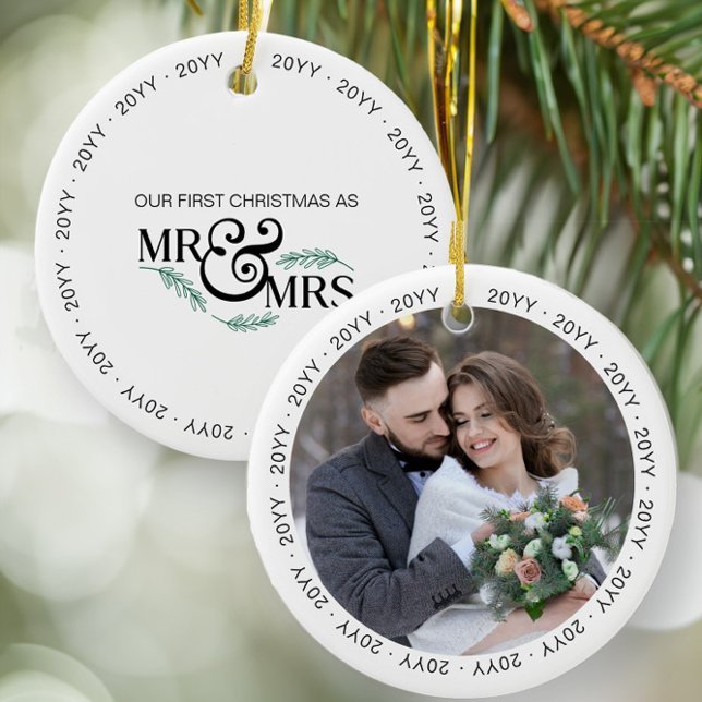 First Christmas as Mr and Mrs Wedding Photo  Ceramic Tree Decoration (Mr & Mrs first christmas ornament from the Newlywed Christmas Gift Ideas collection by Darling & May)