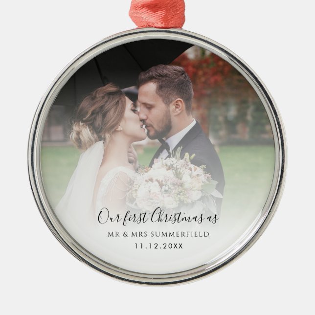 First Christmas As Mr and Mrs Wedding Photo Metal Tree Decoration (Front)