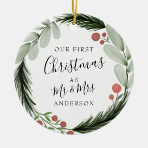First Christmas as Mr and Mrs Wreath Holiday Ceramic Tree Decoration
