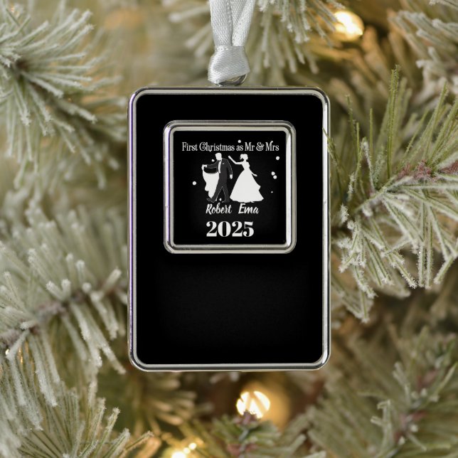 First Christmas As Mr & Mrs 2025 Personalised Silver Plated Framed Ornament (Tree)