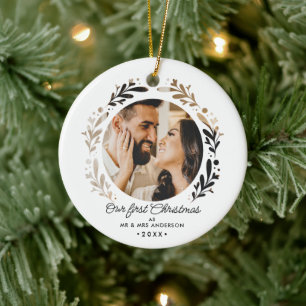 First Christmas As Mr & Mrs 2-Photo Cutout Simple Ceramic Tree Decoration