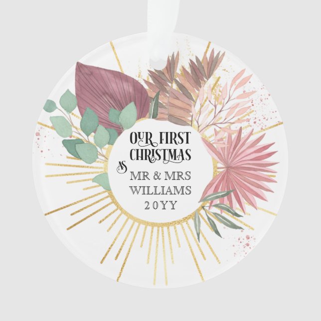First Christmas as Mr & Mrs Boho Pampas Photo Ornament (Front)