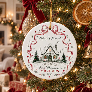 First Christmas as Mr & Mrs Cosy Cottage Keepsake Ceramic Tree Decoration